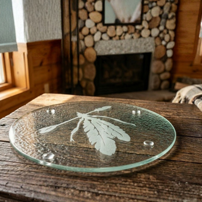 Etched Glass Feather Trivet | Round Cutting Board | Deep Carved Sandblasted Glass | Expressive DeZien