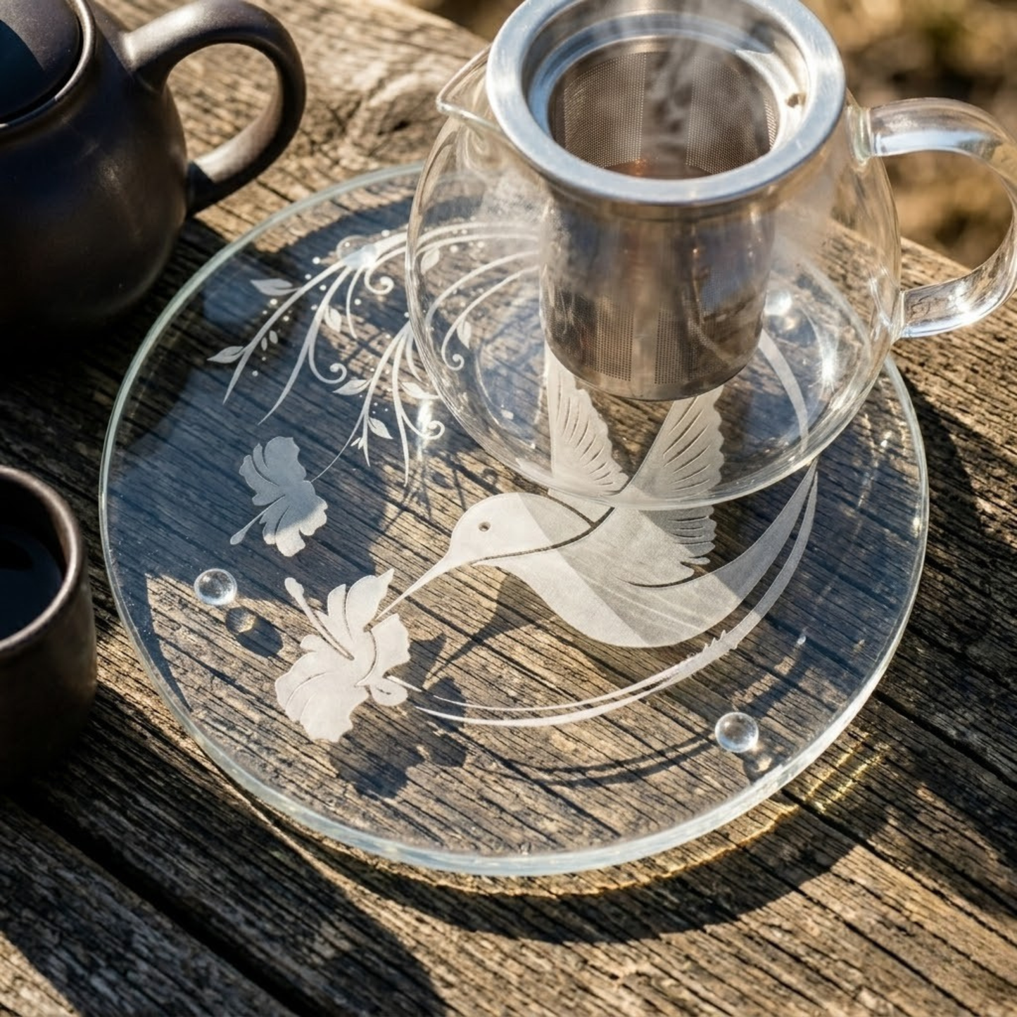 Hand-etched Hummingbird & Morning Glory Glass Trivet | Deep Carved Sandblasted Glass | Expressive DeZien