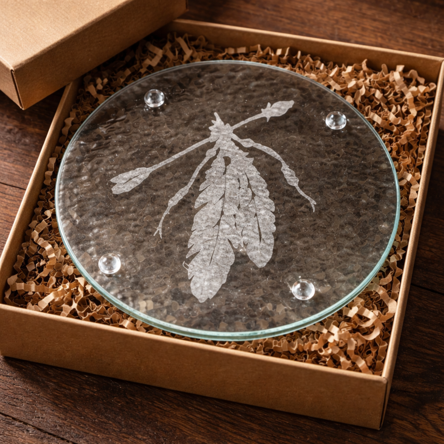 Etched Glass Feather Trivet | Round Cutting Board | Deep Carved Sandblasted Glass | Expressive DeZien