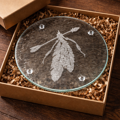 Etched Glass Feather Trivet | Round Cutting Board | Deep Carved Sandblasted Glass | Expressive DeZien