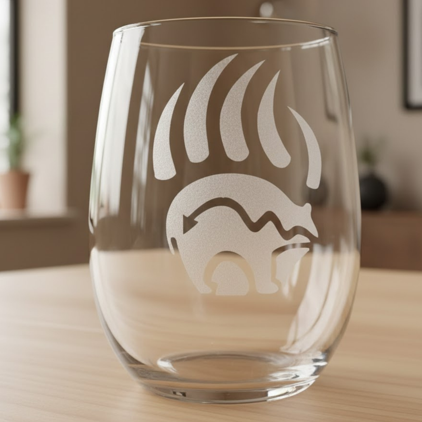 Sand-Carved Bear Claw Stemless Wine Glass (20.5oz) | Unique Bear Etched Glass Gift