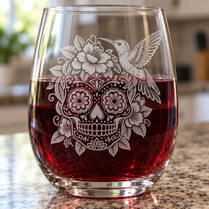 Etched Stemless Wine Glass 20.5oz | Day of the Dead Hummingbird Hibiscus Sugar Skull | Deep Carved Sandblasted Glass | Expressive DeZien