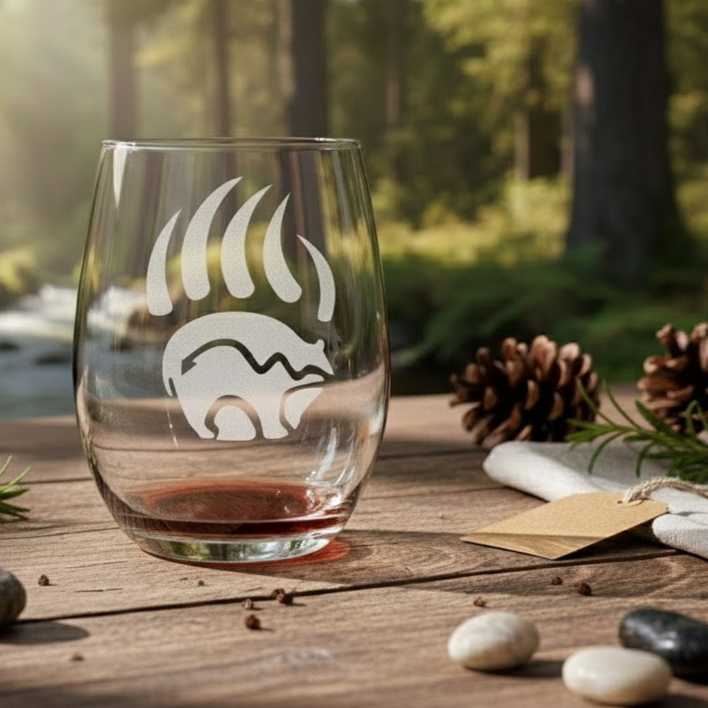 Sand-Carved Bear Claw Stemless Wine Glass (20.5oz) | Unique Bear Etched Glass Gift