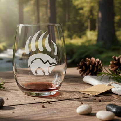 Sand-Carved Bear Claw Stemless Wine Glass (20.5oz) | Unique Bear Etched Glass Gift