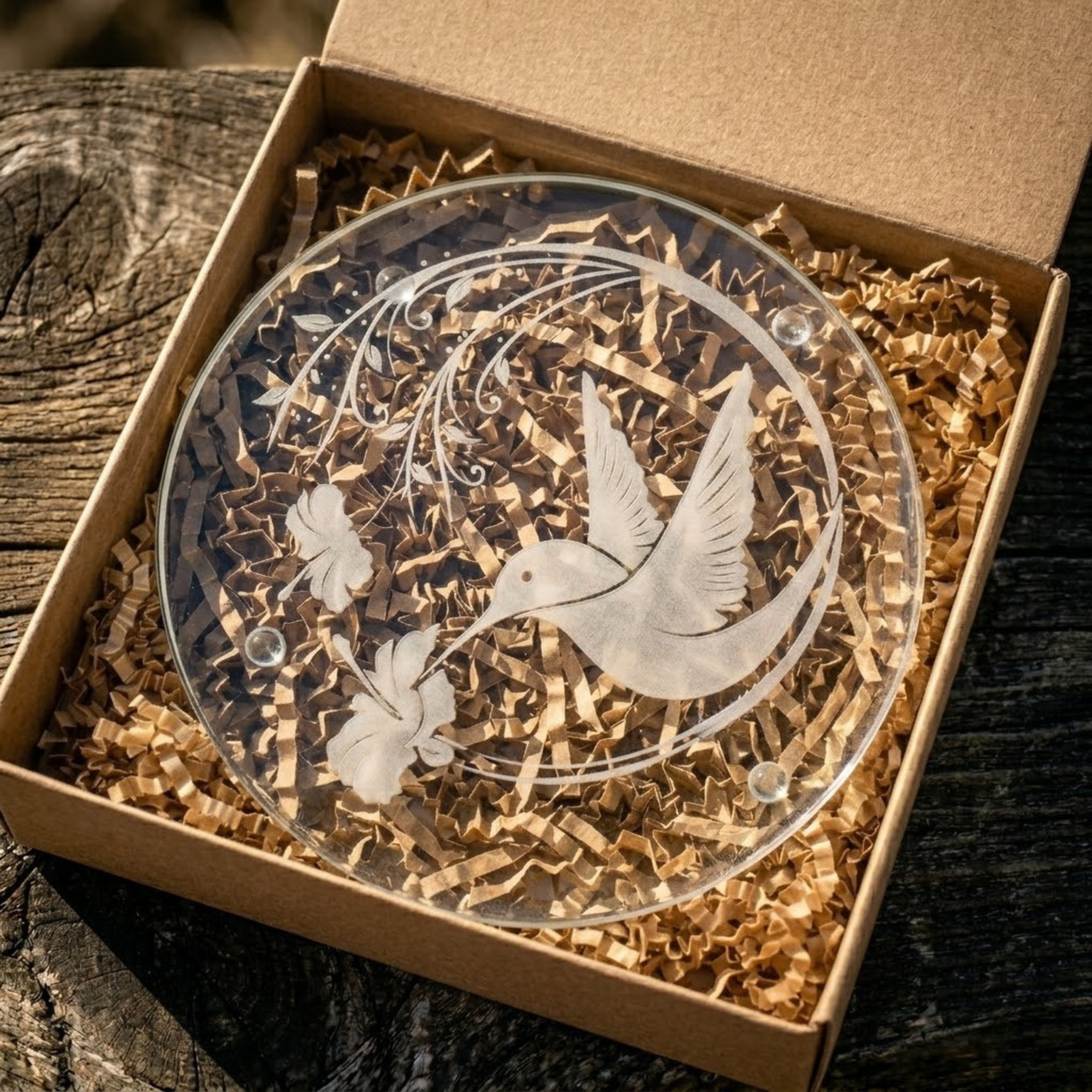 Hand-etched Hummingbird & Morning Glory Glass Trivet | Deep Carved Sandblasted Glass | Expressive DeZien