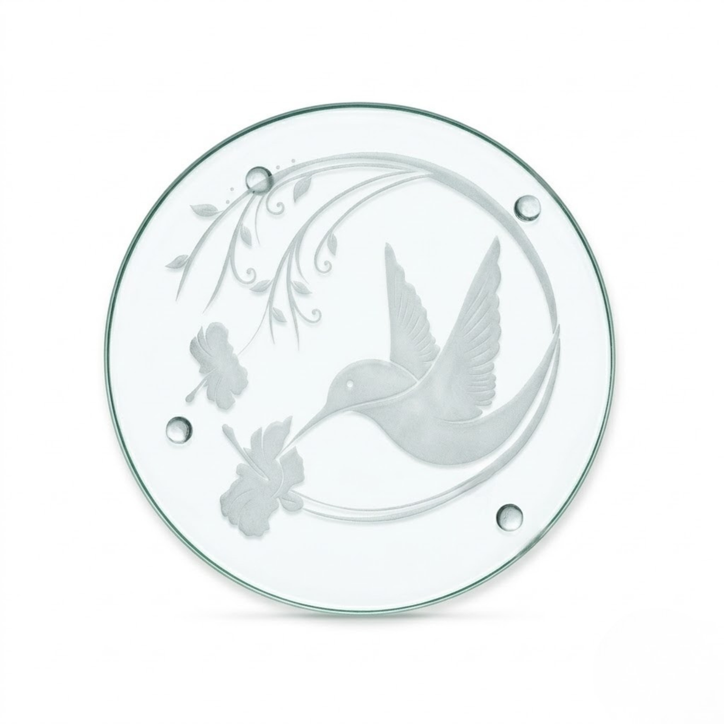 Hand-etched Hummingbird & Morning Glory Glass Trivet | Deep Carved Sandblasted Glass | Expressive DeZien