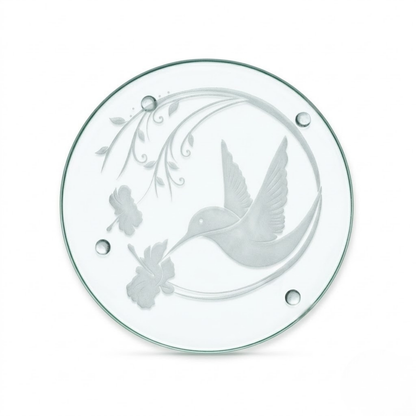 Hand-etched Hummingbird & Morning Glory Glass Trivet | Deep Carved Sandblasted Glass | Expressive DeZien