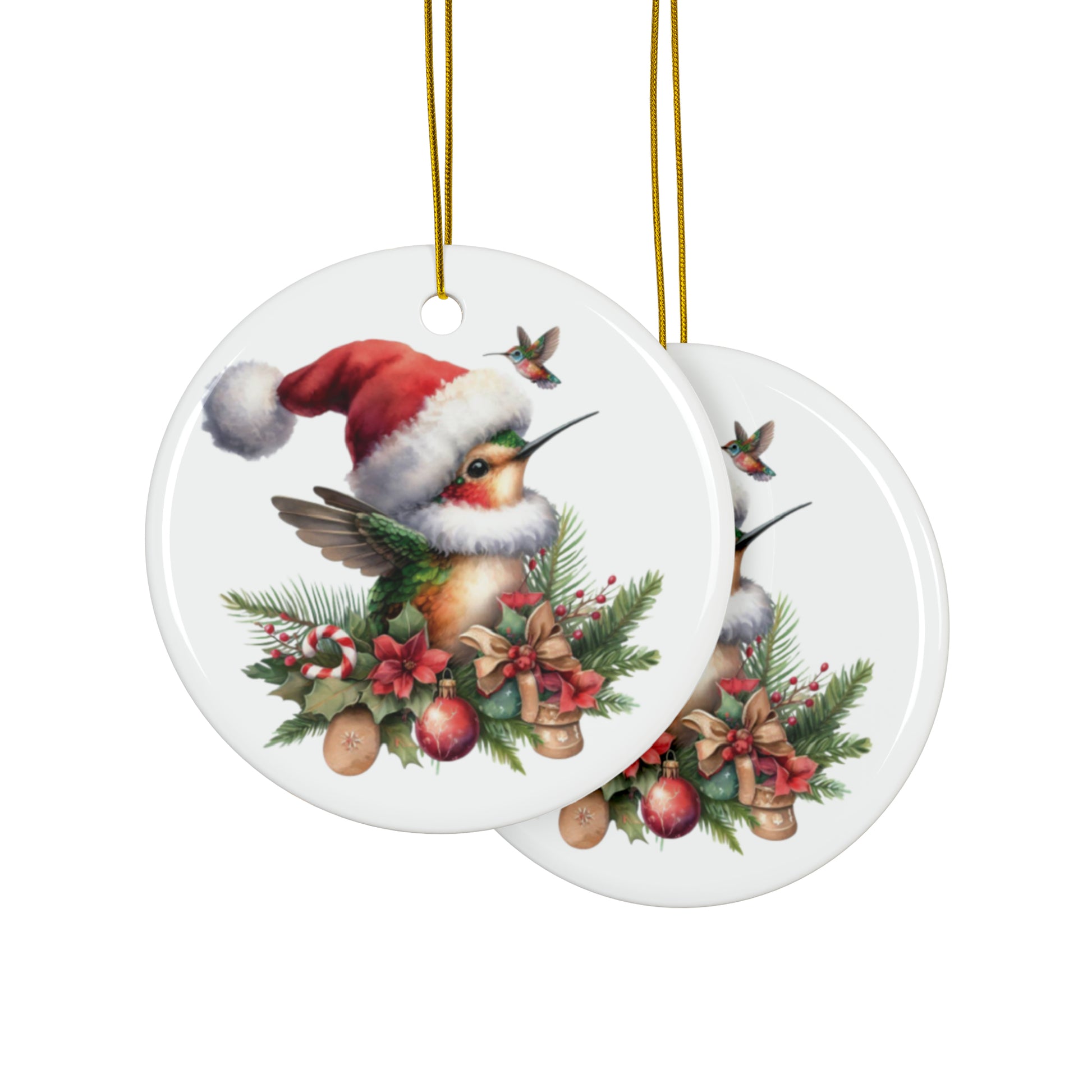 Whimsical Hummingbird Wonderland - Santa Hat Holiday Ornament - Expressive DeZien 