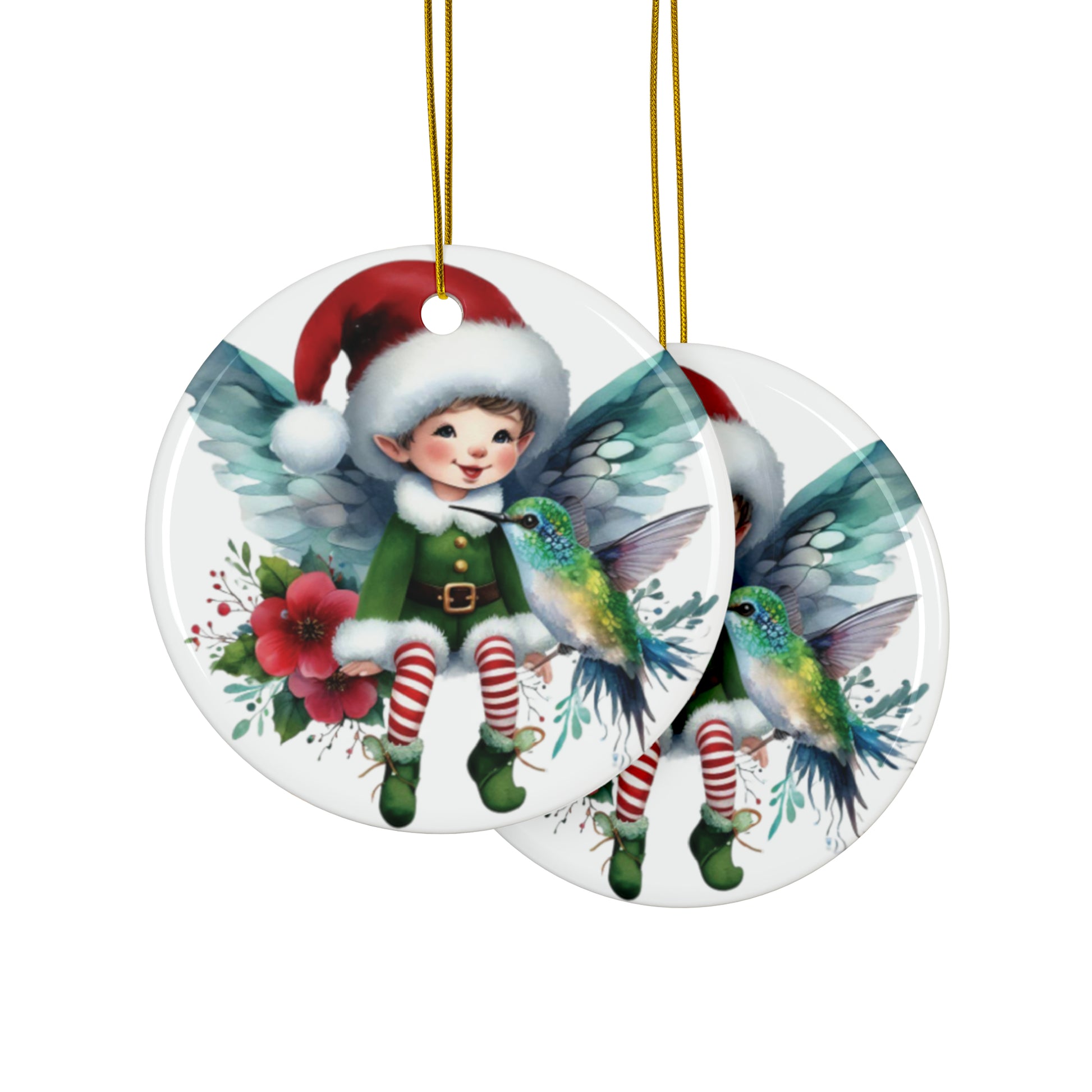 Fairy Elf with Santa Hat and Hummingbird - Christmas Ornament - Expressive DeZien 
