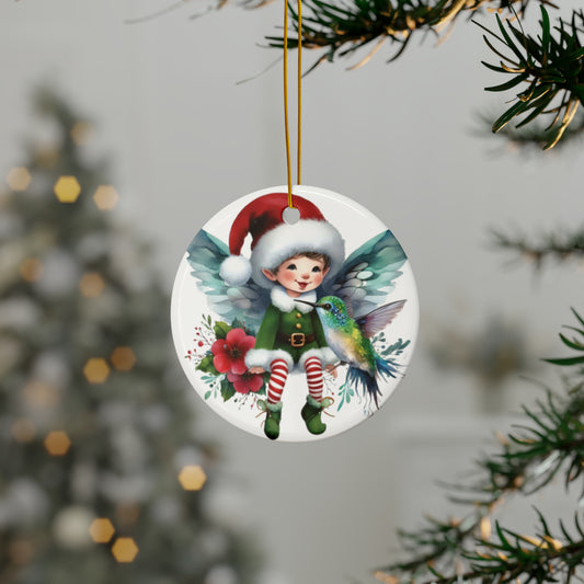 Fairy Elf with Santa Hat and Hummingbird - Christmas Ornament - Expressive DeZien 