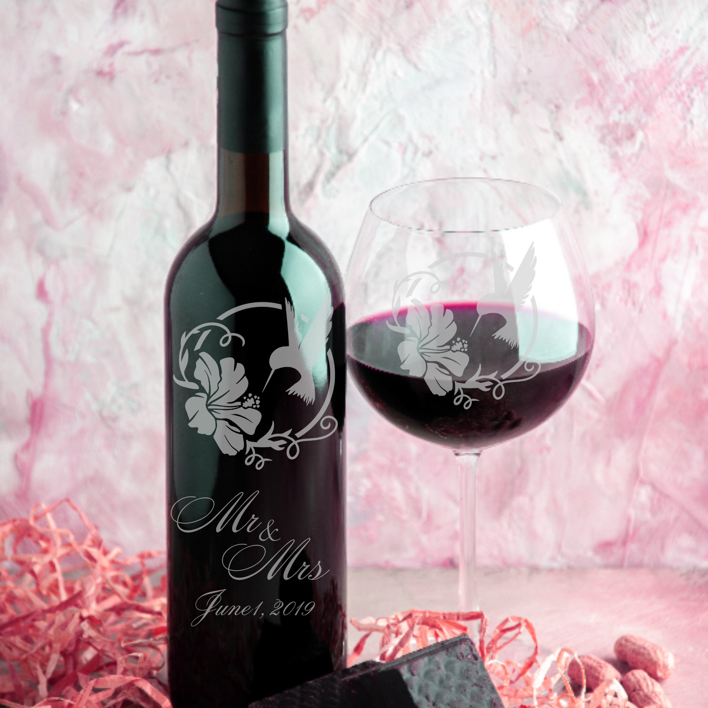 Limited Edition Hand-Etched Red Wine Glass with Hummingbird and Hibiscus Design | 18.5oz - Expressive DeZien 