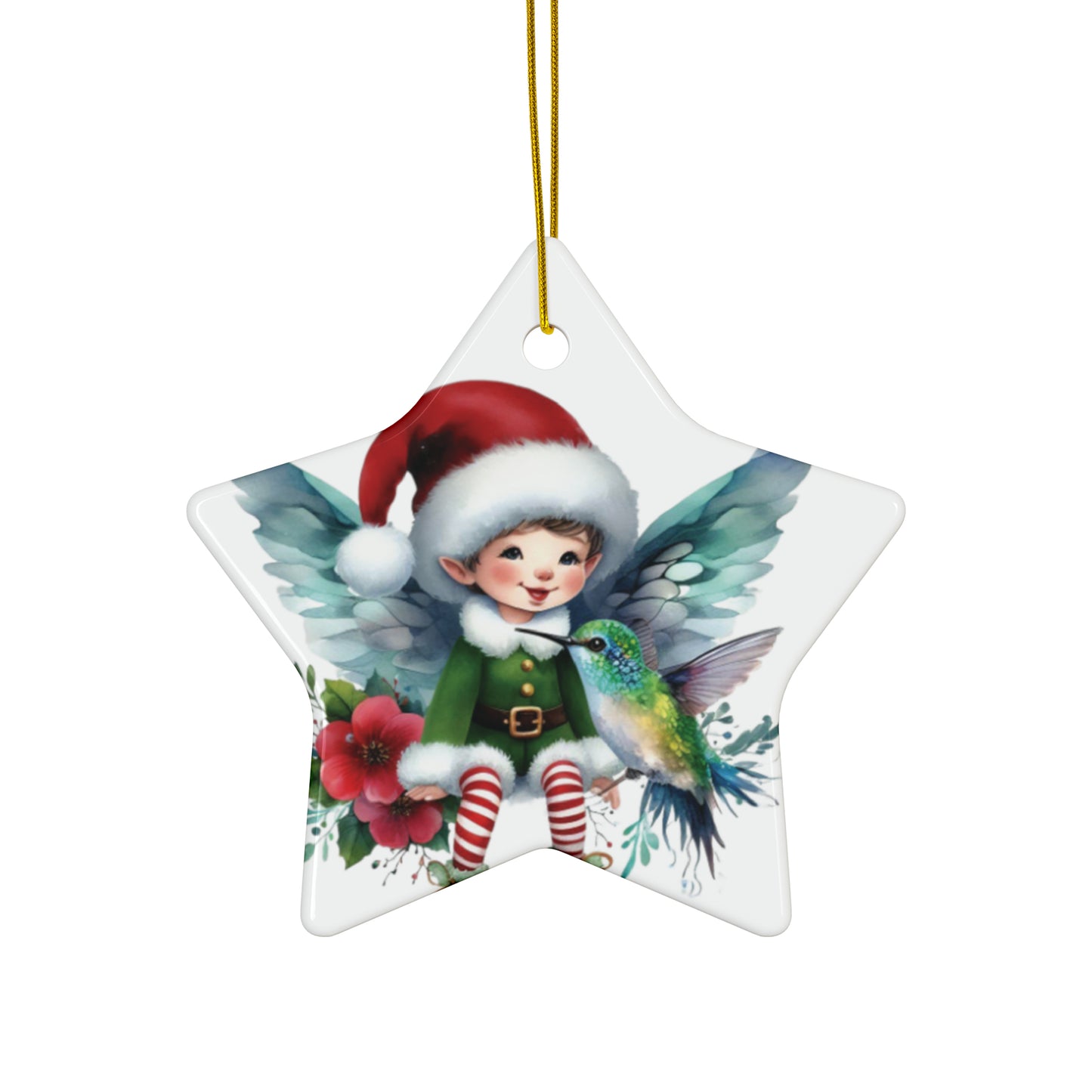 Fairy Elf with Santa Hat and Hummingbird - Christmas Ornament - Expressive DeZien 