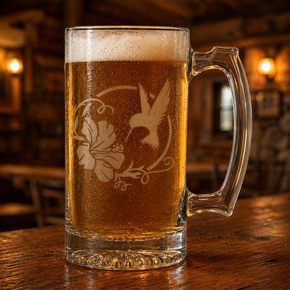 Etched Tavern Beer Mug 26.5oz | Hummingbird Hibiscus | Deep Carved Sandblasted Glass | Expressive DeZien