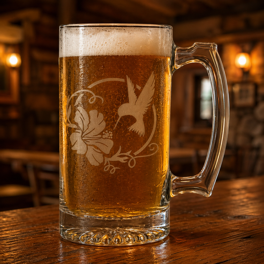 Etched Tavern Beer Mug 26.5oz | Hummingbird Hibiscus | Deep Carved Sandblasted Glass | Expressive DeZien