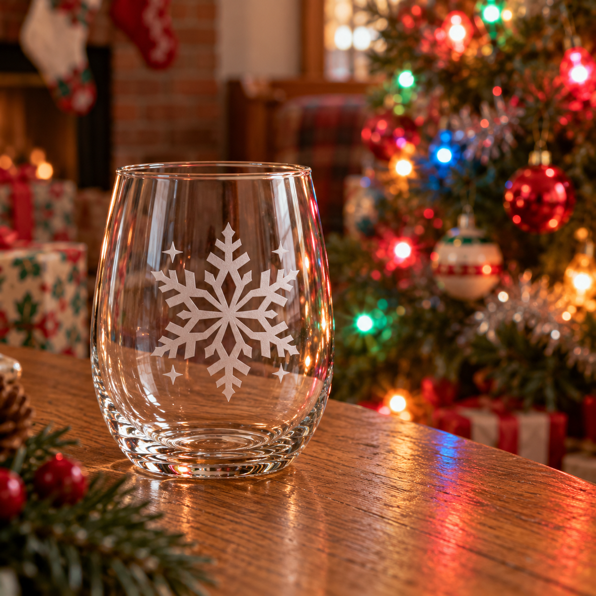 Retro Snowfall geometric snowflake deep sandblasted on a clear 20.5 oz stemless wine glass, product photograph 5