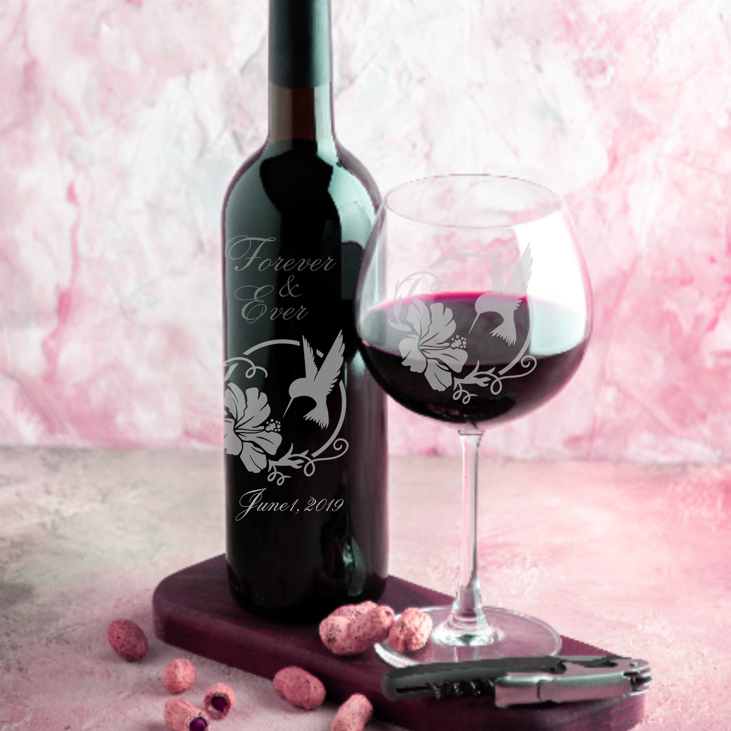 Limited Edition Hand-Etched Red Wine Glass with Hummingbird and Hibiscus Design | 18.5oz - Expressive DeZien 