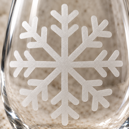 Winter's Whisper Snowflake design, permanently sandblasted on a clear 20.5 oz stemless wine glass, product view 2