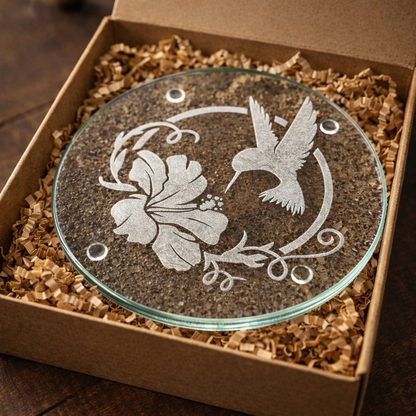 Glass Trivet | Hummingbird Hibiscus | Deep Carved Sandblasted & Etched Glass | Expressive DeZien