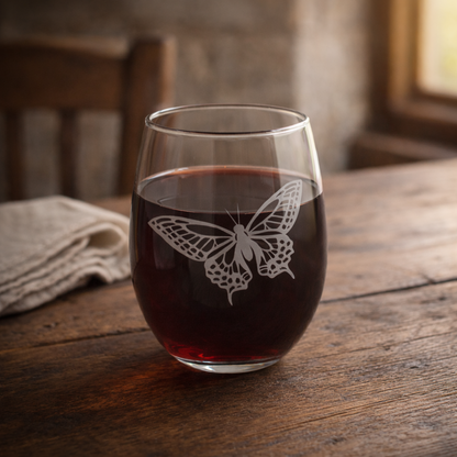 Etched Stemless Wine Glass 20.5oz | Butterfly V2 | Deep Carved Sandblasted Glass | Expressive DeZien