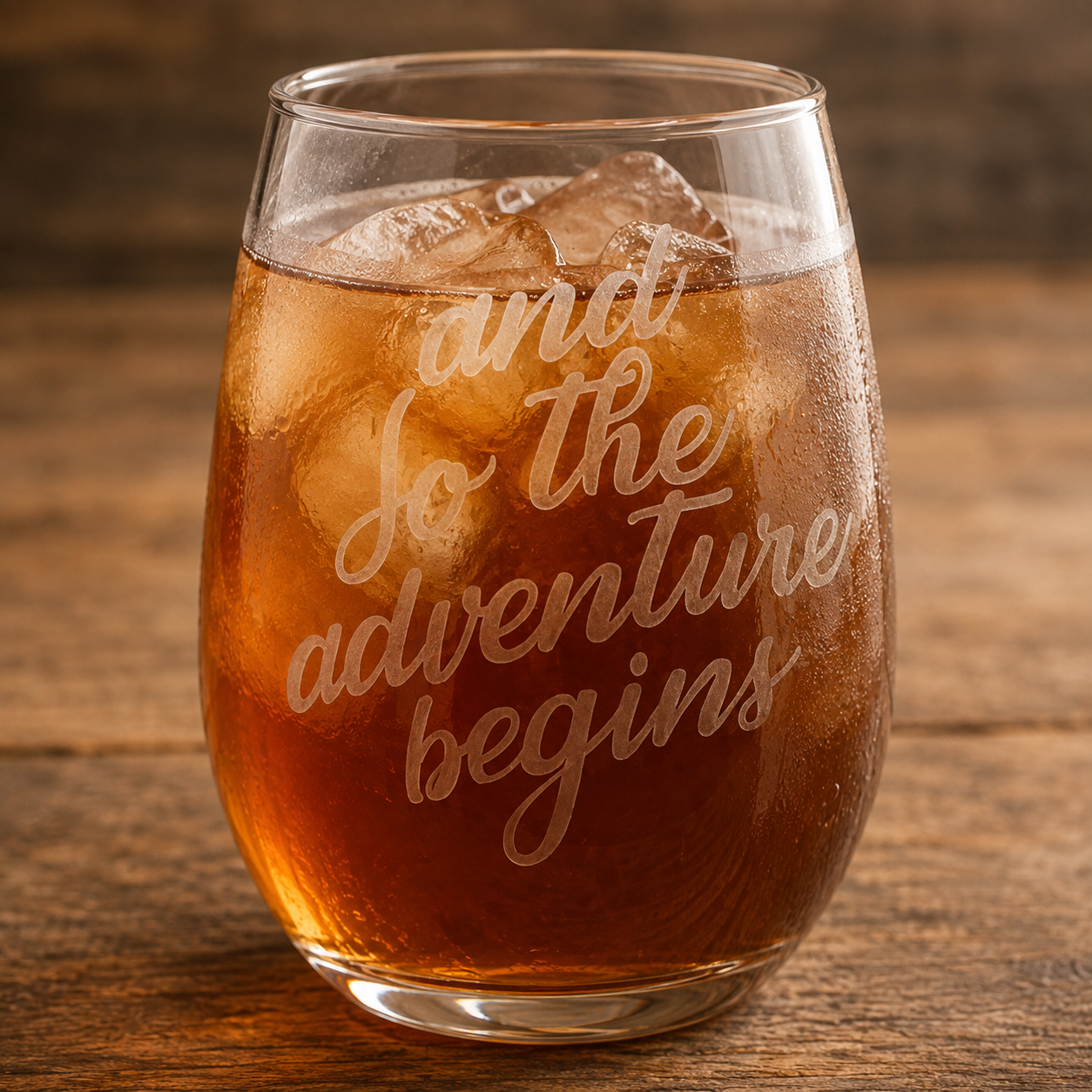 Etched Stemless Wine Glass 20.5oz | And So the Adventure Begins | Deep Carved Sandblasted Glass | Expressive DeZien