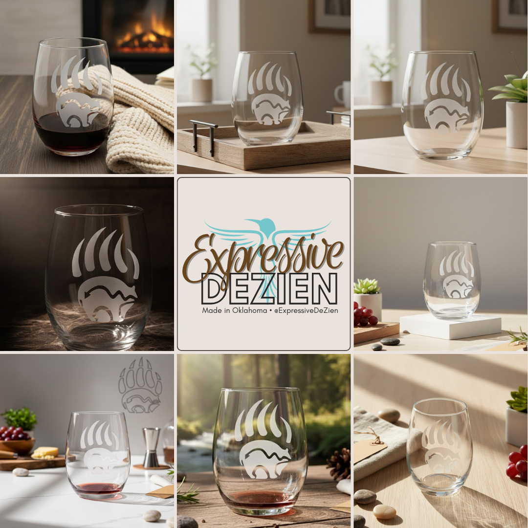Sand-Carved Bear Claw Stemless Wine Glass (20.5oz) | Unique Bear Etched Glass Gift