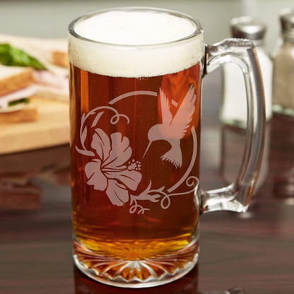 Hummingbird & Hibiscus Sandblast Etched - 26.5oz Tavern Beer Mug - Expressive DeZien 