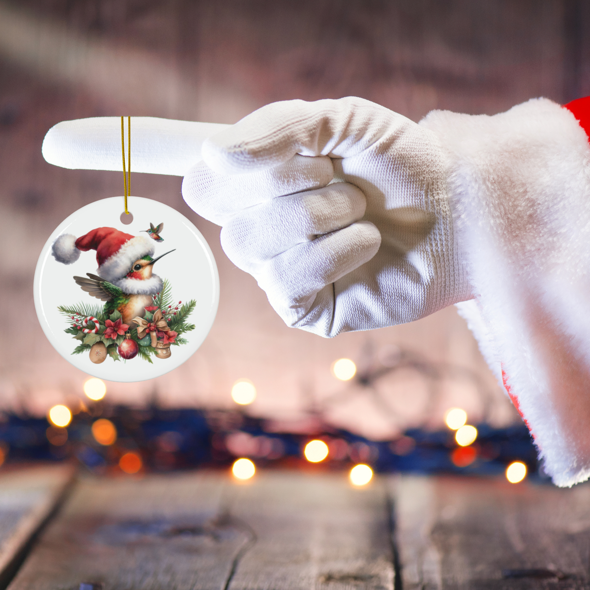 Whimsical Hummingbird Wonderland - Santa Hat Holiday Ornament - Expressive DeZien 