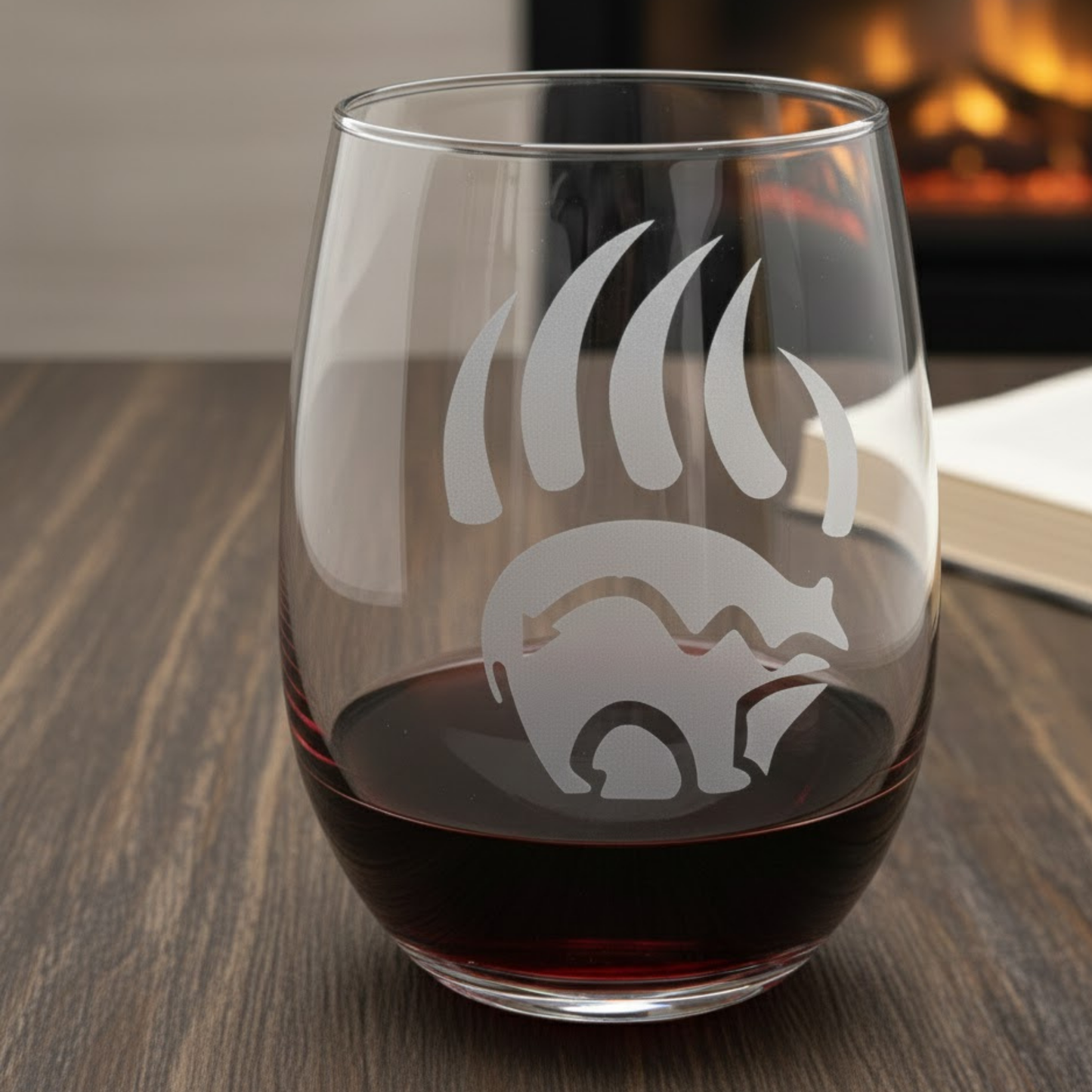 Sand-Carved Bear Claw Stemless Wine Glass (20.5oz) | Unique Bear Etched Glass Gift