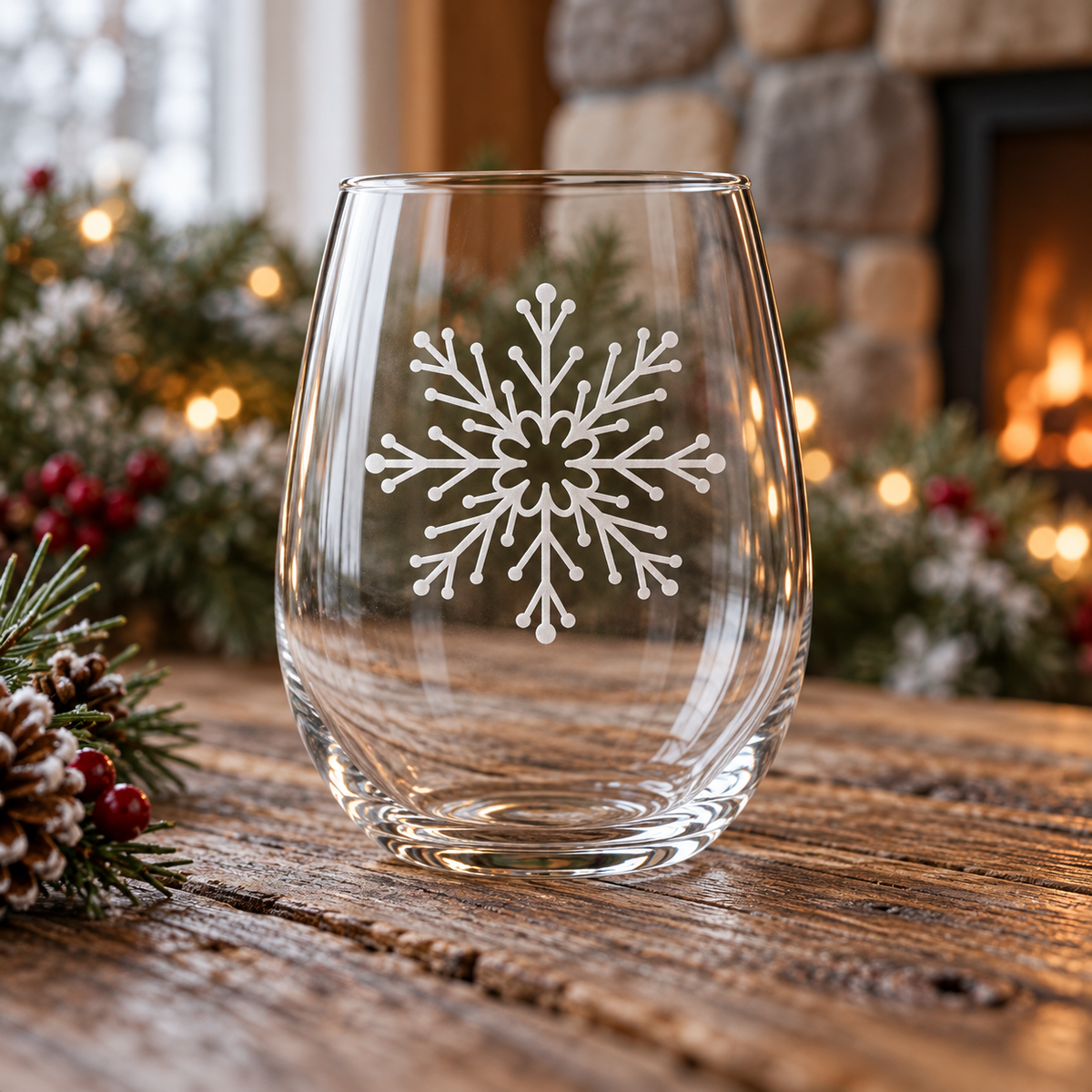 Queen's Whirl Snowflake design, permanently sandblasted on a clear 20.5 oz stemless wine glass, product view 4