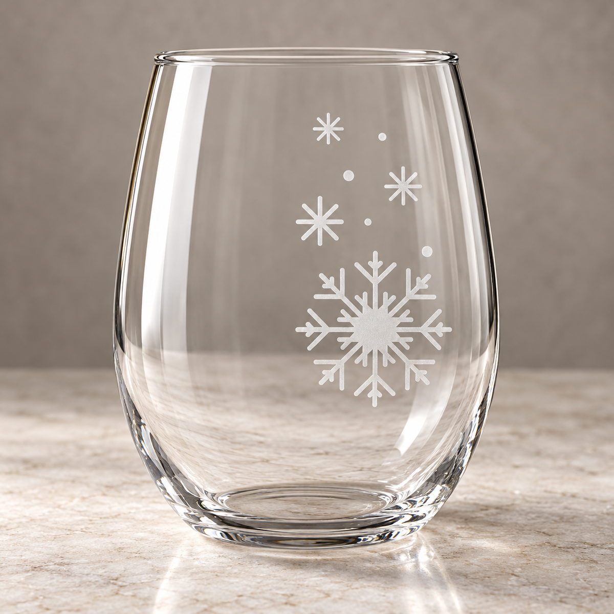 Winter Serenade Snowflake design, permanently sandblasted on a clear 20.5 oz stemless wine glass, product view 3