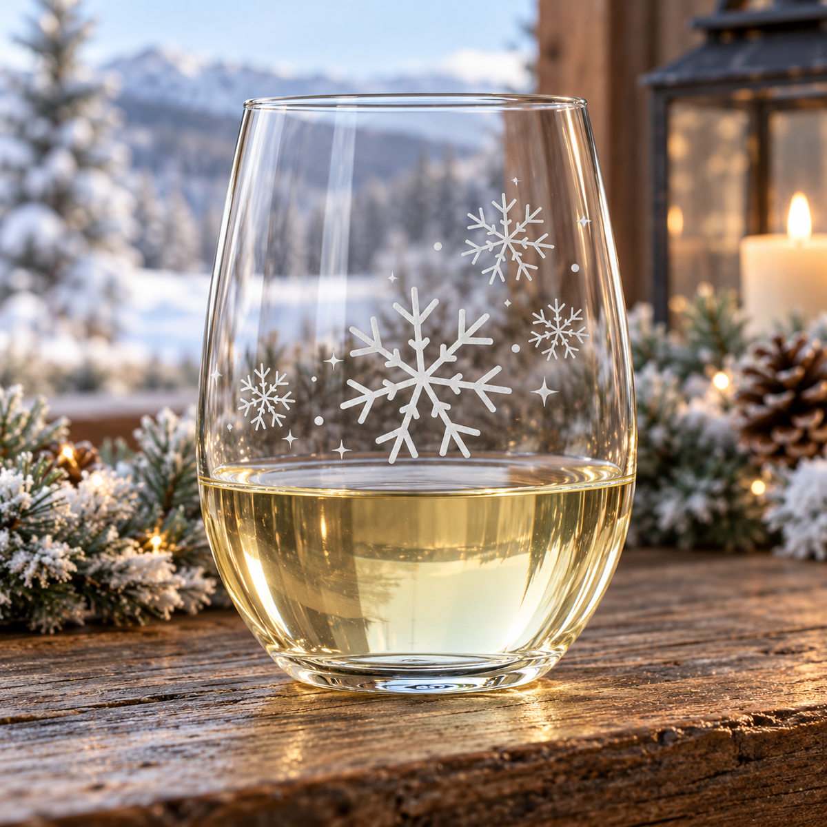 Frozen Symphony Snowflake design, permanently sandblasted on a clear 20.5 oz stemless wine glass, product view 4