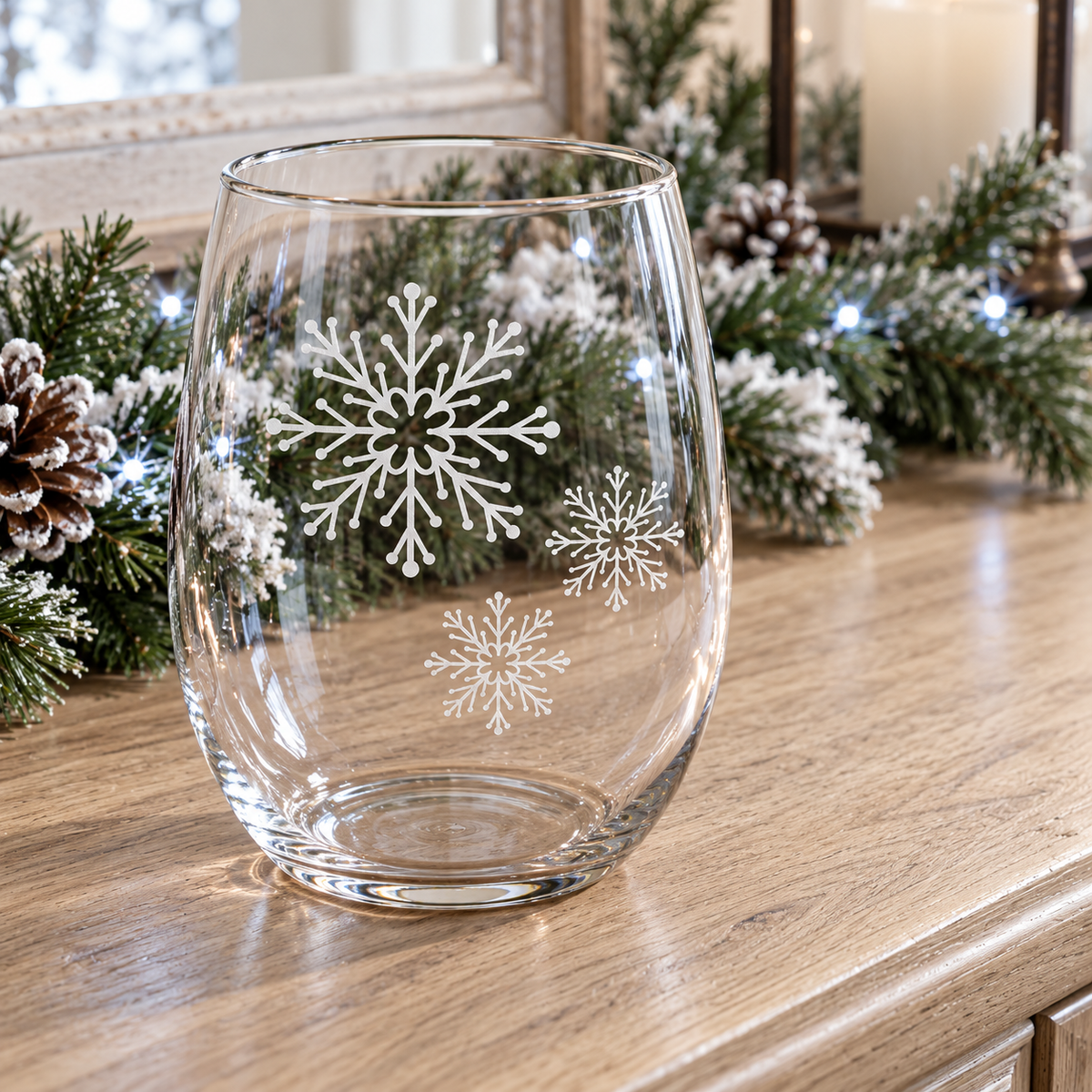 Ice Cascade Snowflake design, permanently sandblasted on a clear 20.5 oz stemless wine glass, product view 3