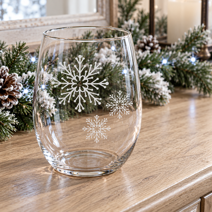 Ice Cascade Snowflake design, permanently sandblasted on a clear 20.5 oz stemless wine glass, product view 3