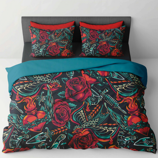 Vintage tattoo comforter with red roses swallows and anchors on black background