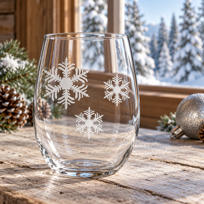 Celestial Frost Snowflake design, permanently sandblasted on a clear 20.5 oz stemless wine glass, product view 3