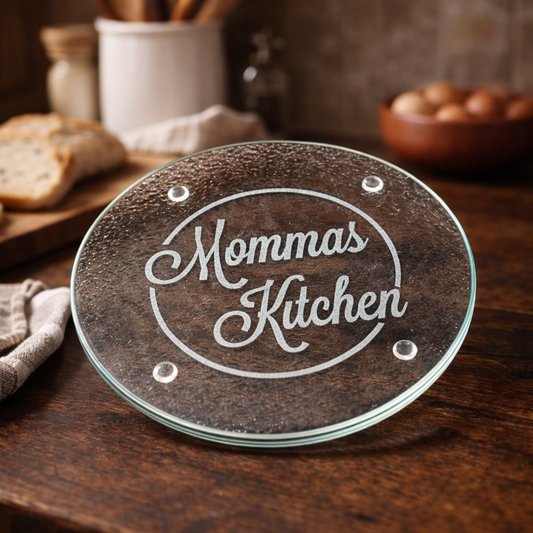 Etched Glass Trivet | Momma's Kitchen | Deep Carved Sandblasted Glass | Expressive DeZien