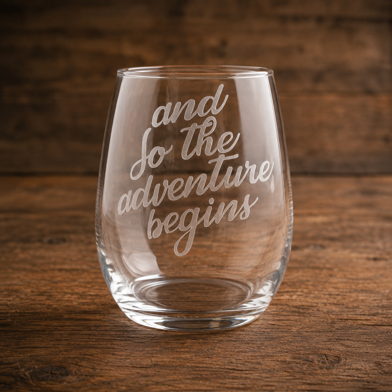 Etched Stemless Wine Glass 20.5oz | And So the Adventure Begins | Deep Carved Sandblasted Glass | Expressive DeZien