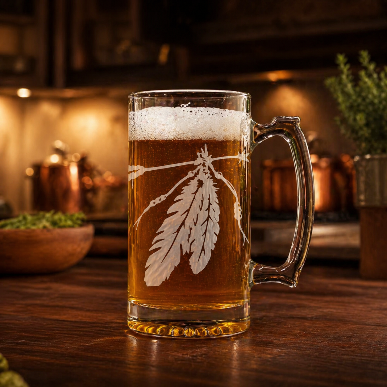 Etched Tavern Beer Mug 26.5oz | Two Feathers | Deep Carved Sandblasted Glass | Expressive DeZien