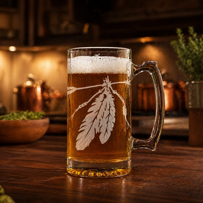 Etched Tavern Beer Mug 26.5oz | Two Feathers | Deep Carved Sandblasted Glass | Expressive DeZien