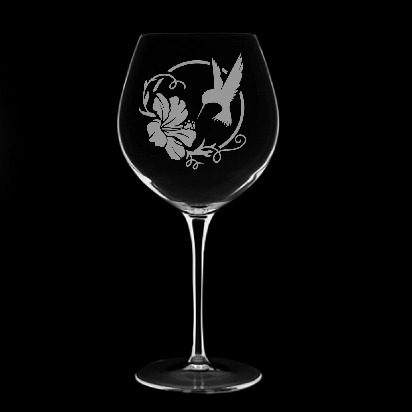 Limited Edition Hand-Etched Red Wine Glass with Hummingbird and Hibiscus Design | 18.5oz - Expressive DeZien 