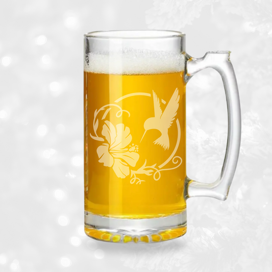 Hummingbird & Hibiscus Sandblast Etched - 26.5oz Tavern Beer Mug - Expressive DeZien 