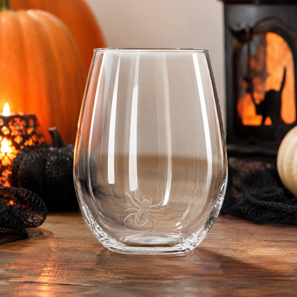 Etched Stemless Wine Glass 20.5oz | Halloween Itsy Bitsy Spider | Deep Carved Sandblasted Glass | Expressive DeZien