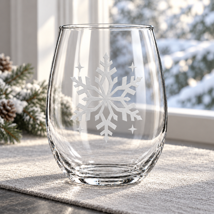 Retro Snowfall geometric snowflake deep sandblasted on a clear 20.5 oz stemless wine glass, product photograph 4