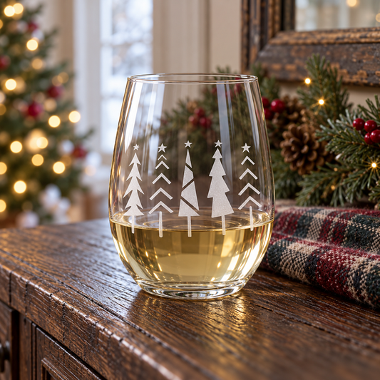 Christmas Tree Forest Etched Stemless Wine Glass | 20.5 oz