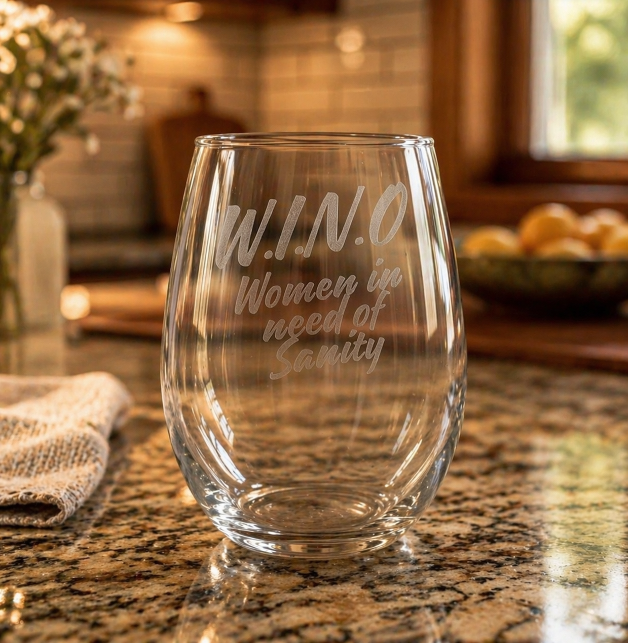 Etched Stemless Wine Glass 20.5oz | W.I.N.O | Deep Carved Sandblasted Glass