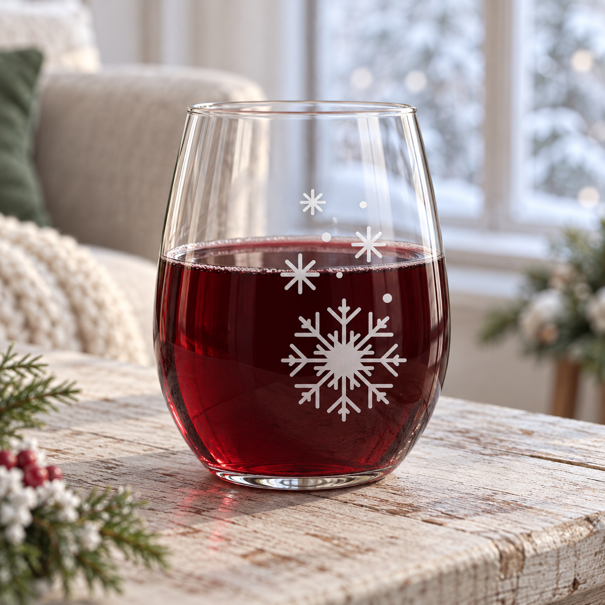Winter Serenade Snowflake design, permanently sandblasted on a clear 20.5 oz stemless wine glass, product view 1