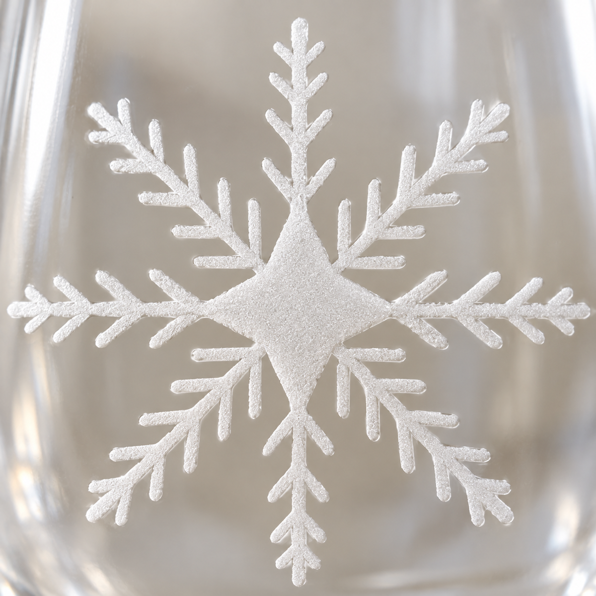 Iridescent Swirl Snowflake design, permanently sandblasted on a clear 20.5 oz stemless wine glass, product view 2