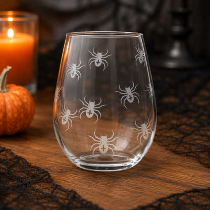 Etched Stemless Wine Glass 20.5oz | Spiders | Deep Carved Sandblasted Glass | Expressive DeZien