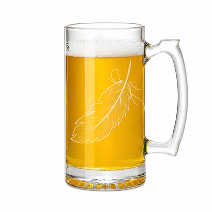 Etched Beer Mug 26.5oz | Falling Feather | Deep Carved Sandblasted Glass | Expressive DeZien