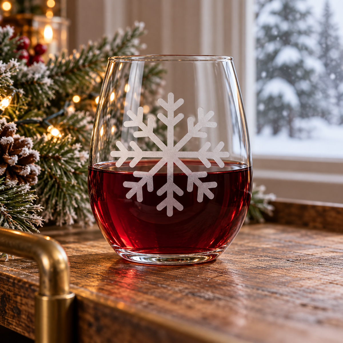 Winter's Whisper Snowflake design, permanently sandblasted on a clear 20.5 oz stemless wine glass, product view 4
